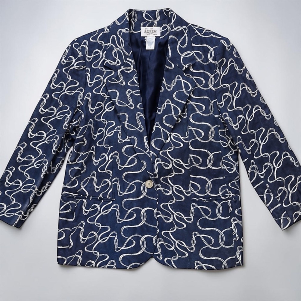 Vintage Da-Rue Navy Abstract Ribbon Print Blazer Jacket 80s Size 14